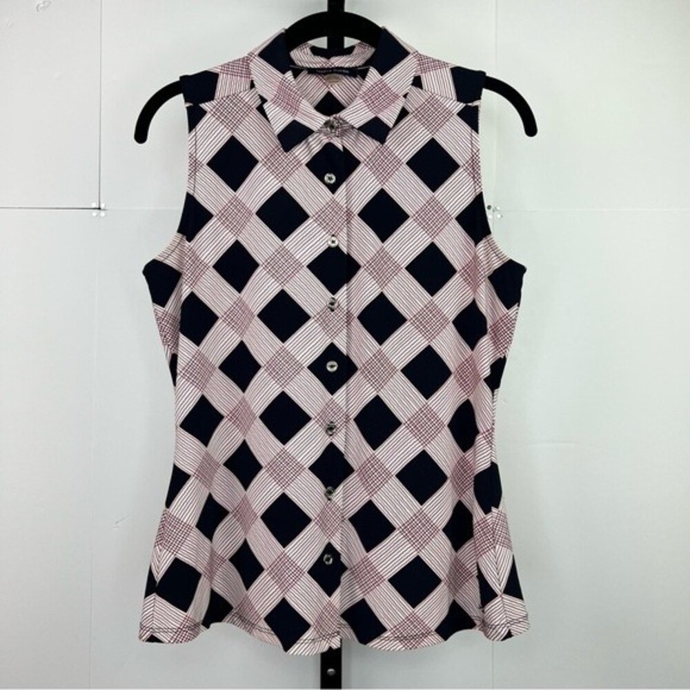 Y2K Tommy Hilfiger Sleeveless Button Front Top Womens Small Plaid Stretch Preppy
